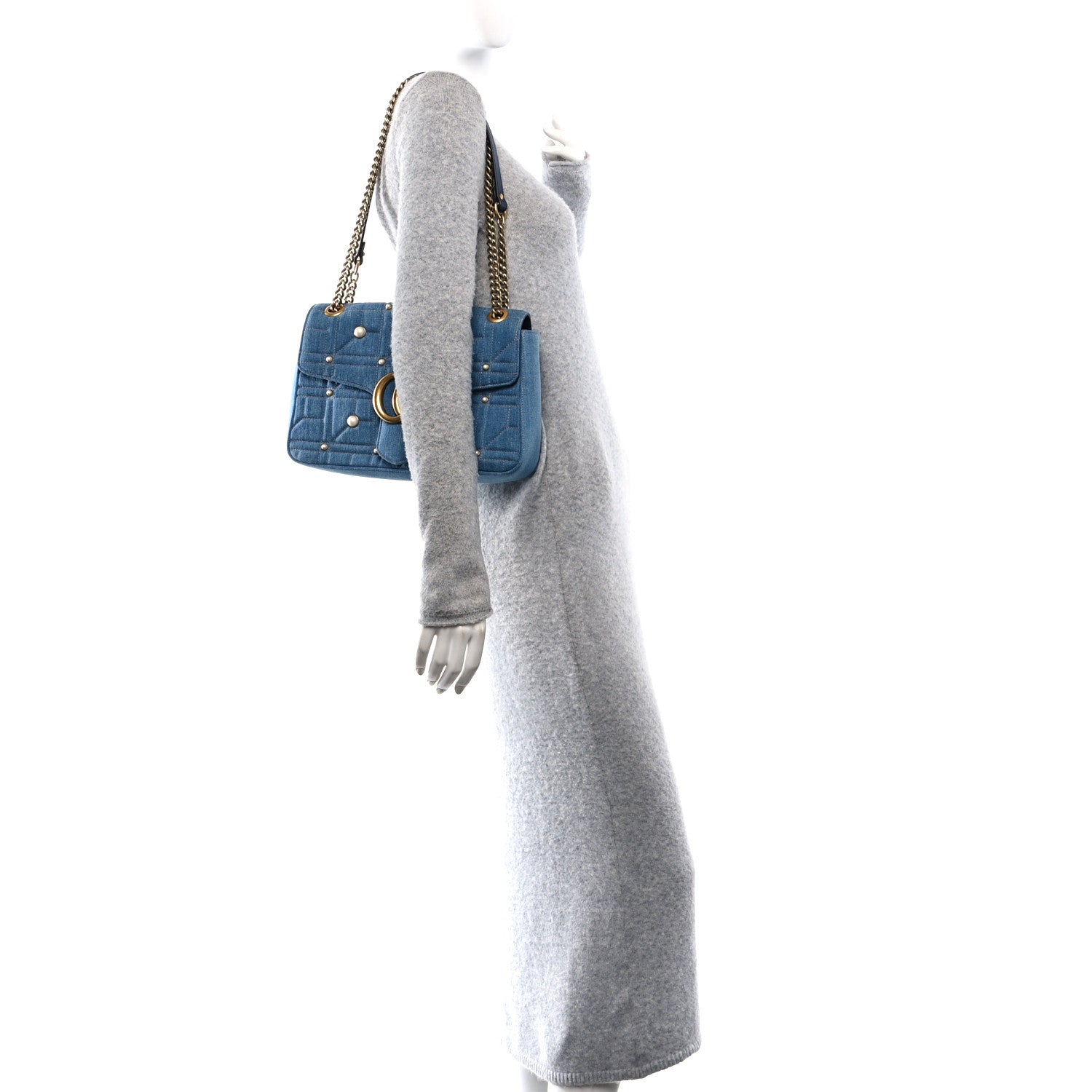 Kura Denim Matelasse Cubic Pearl Studded Medium GG Marmont Shoulder Bag Blue