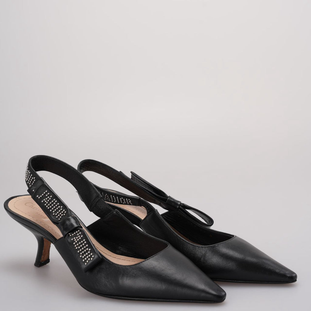 Christian Dior Black Leather Studded J'adior Slingback Pumps Size 37.5