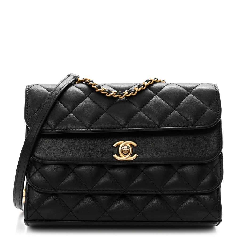 Calfskin Quilted Triple Flap Black