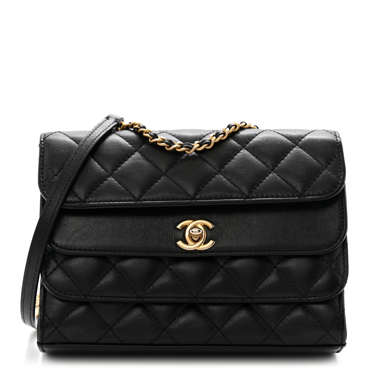 Calfskin Quilted Triple Flap Black