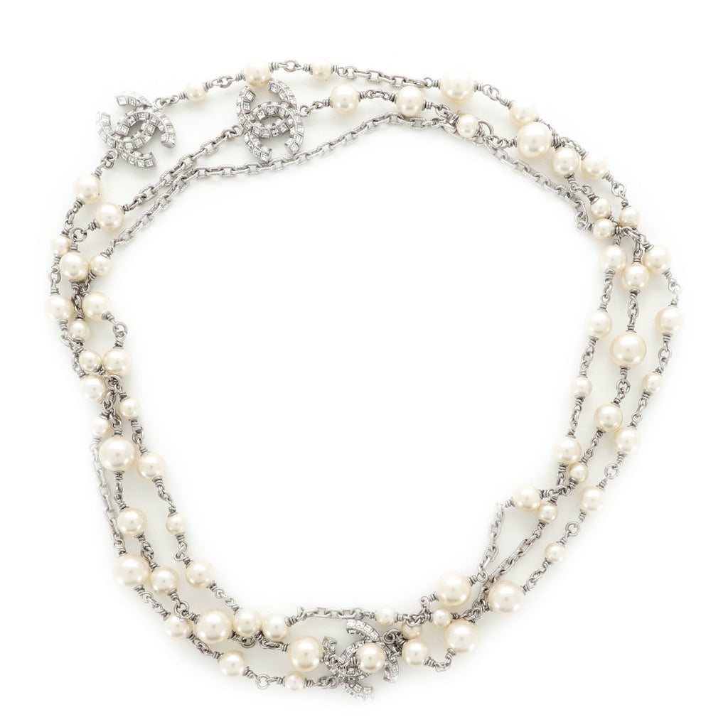 CC Long Necklace Faux Pearls and Crystal Embellished Metal