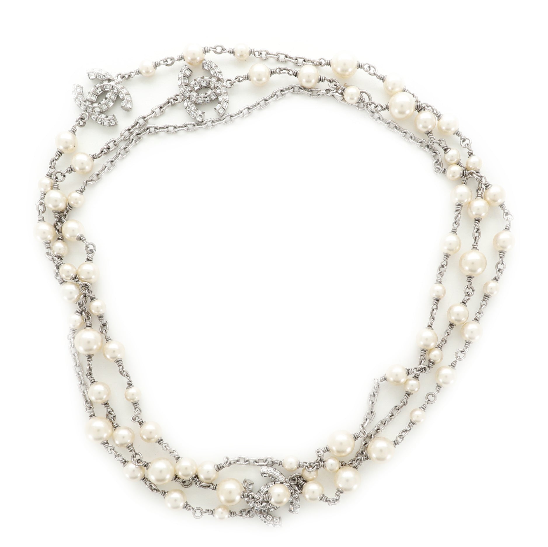 CC Long Necklace Faux Pearls and Crystal Embellished Metal