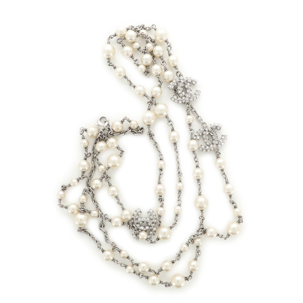 CC Long Necklace Faux Pearls and Crystal Embellished Metal