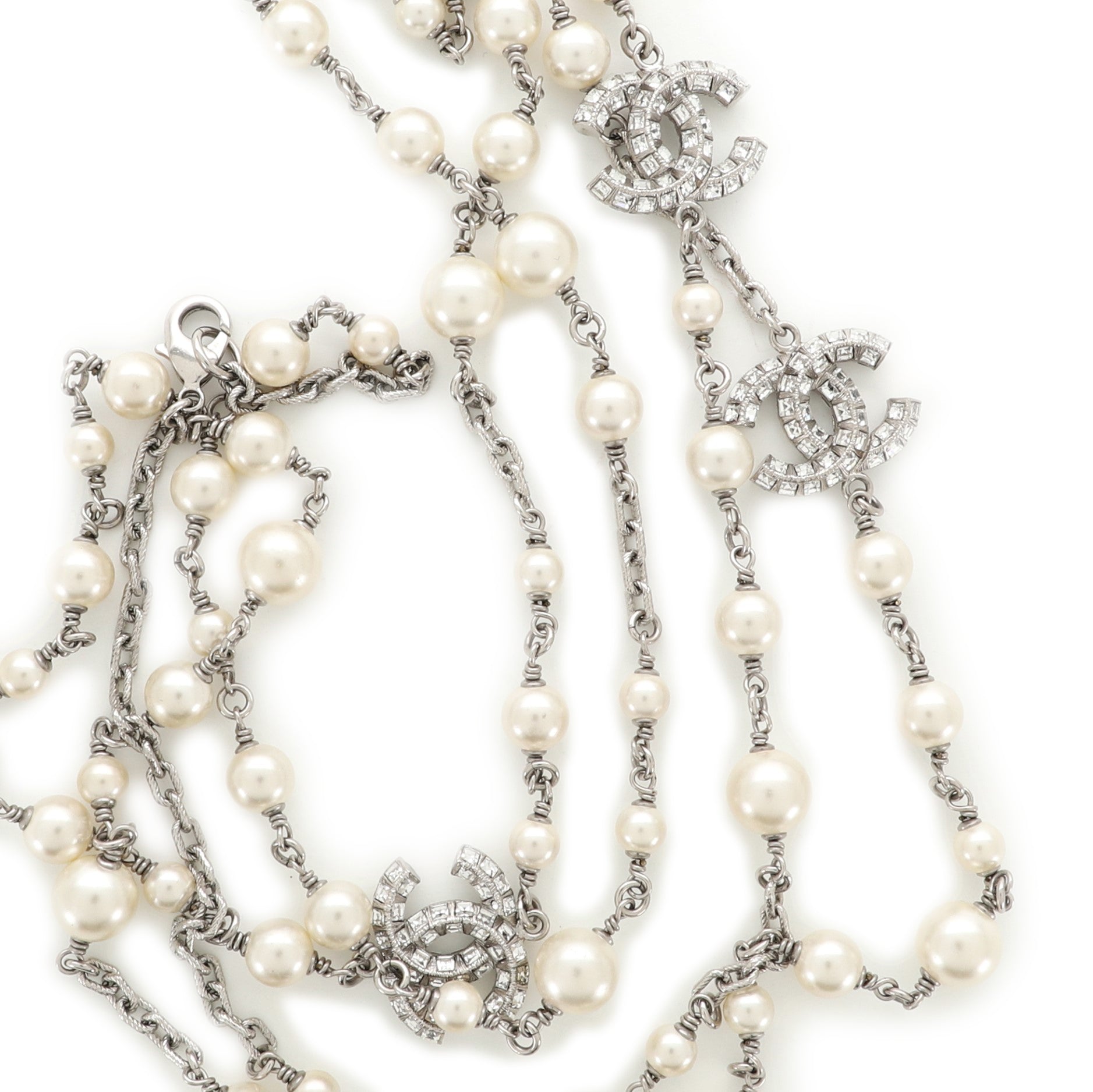 CC Long Necklace Faux Pearls and Crystal Embellished Metal