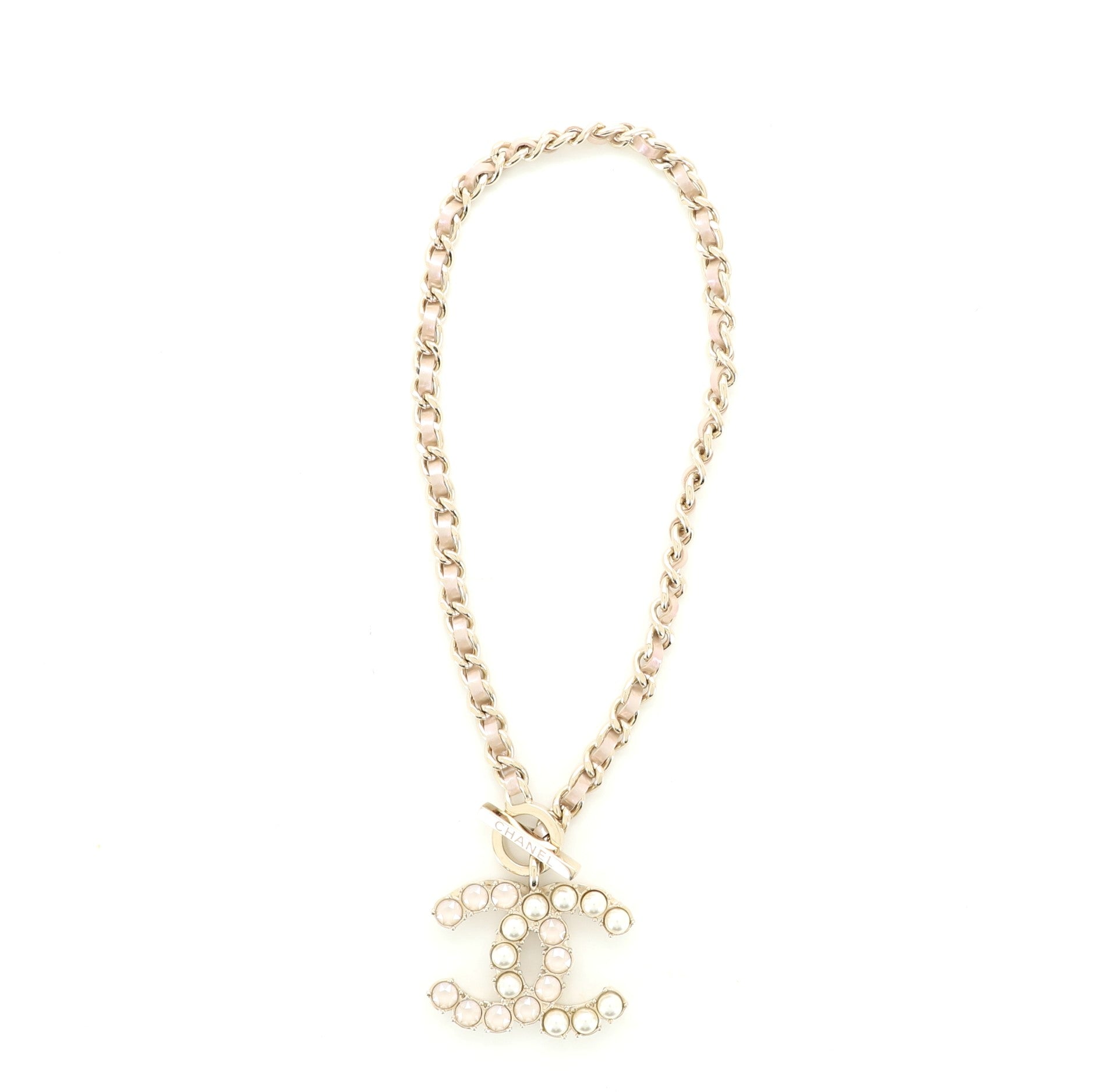 CC Chain Link Pendant Necklace Metal with Faux Pearl