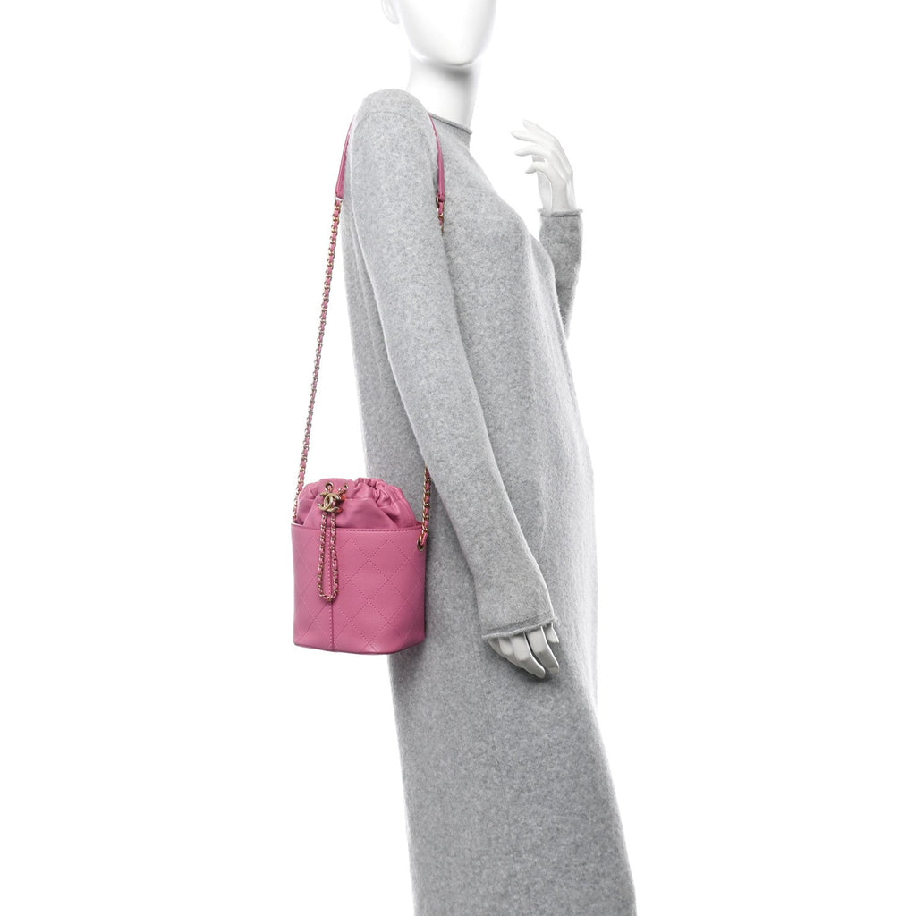 Calfskin Small CC Chain Bucket Drawstring Bag Pink