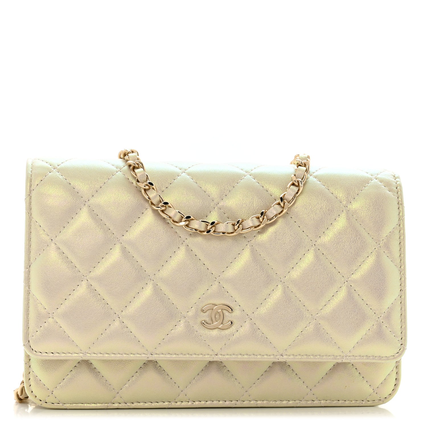 Iridescent Lambskin Quilted Wallet On Chain WOC Ivory