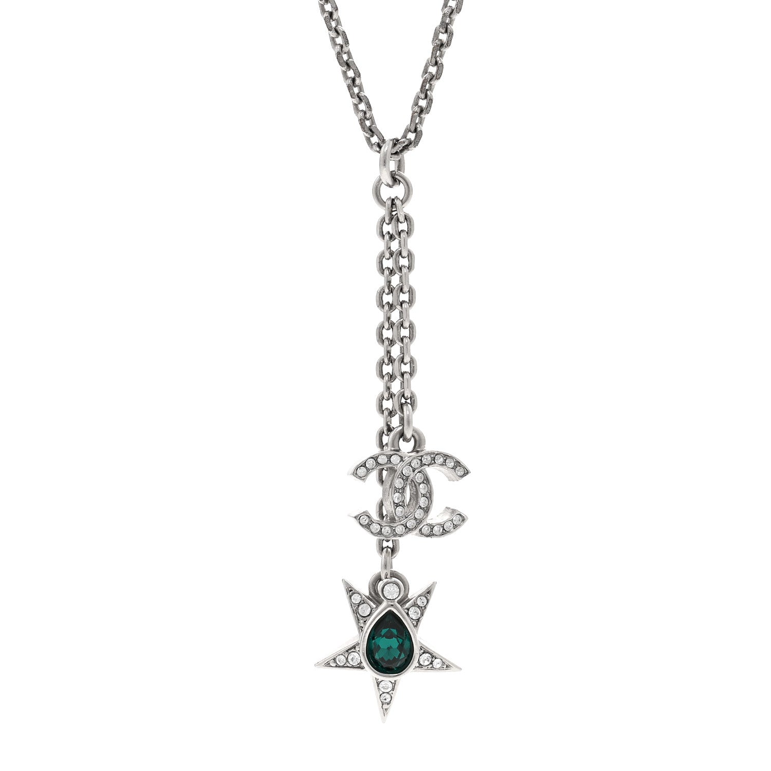 Crystal CC Star Drop Necklace Silver Green