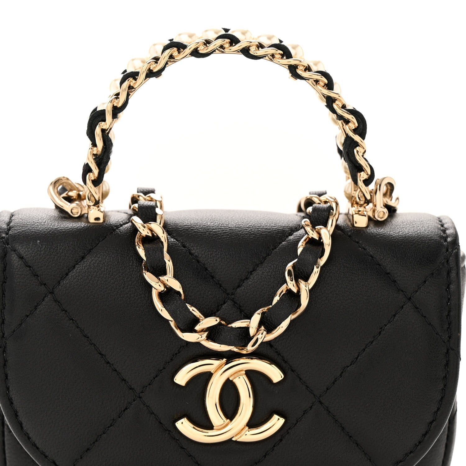Lambskin Quilted Pearl Top Handle Clutch With Chain  Black