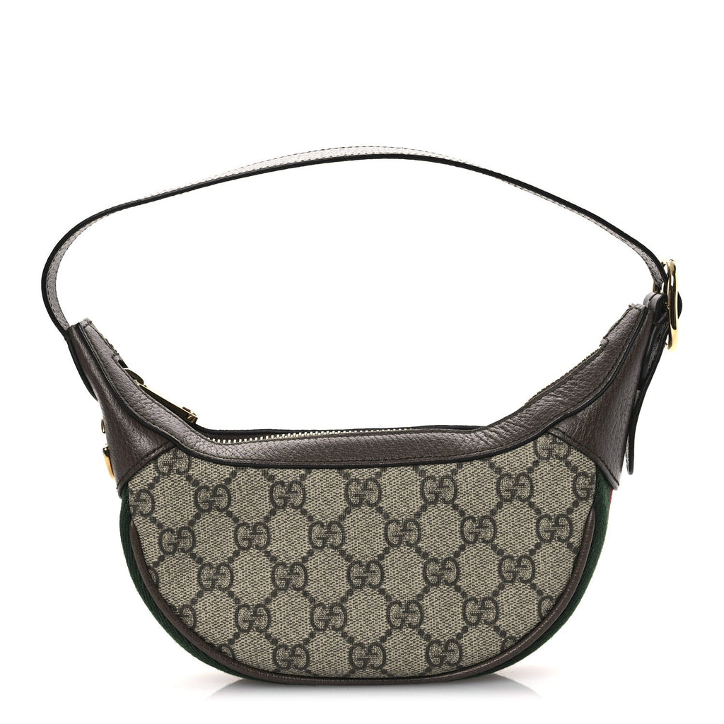GG Supreme Monogram Textured Calfskin Web Mini Ophidia Half Moon Hobo Beige Ebony New Acero