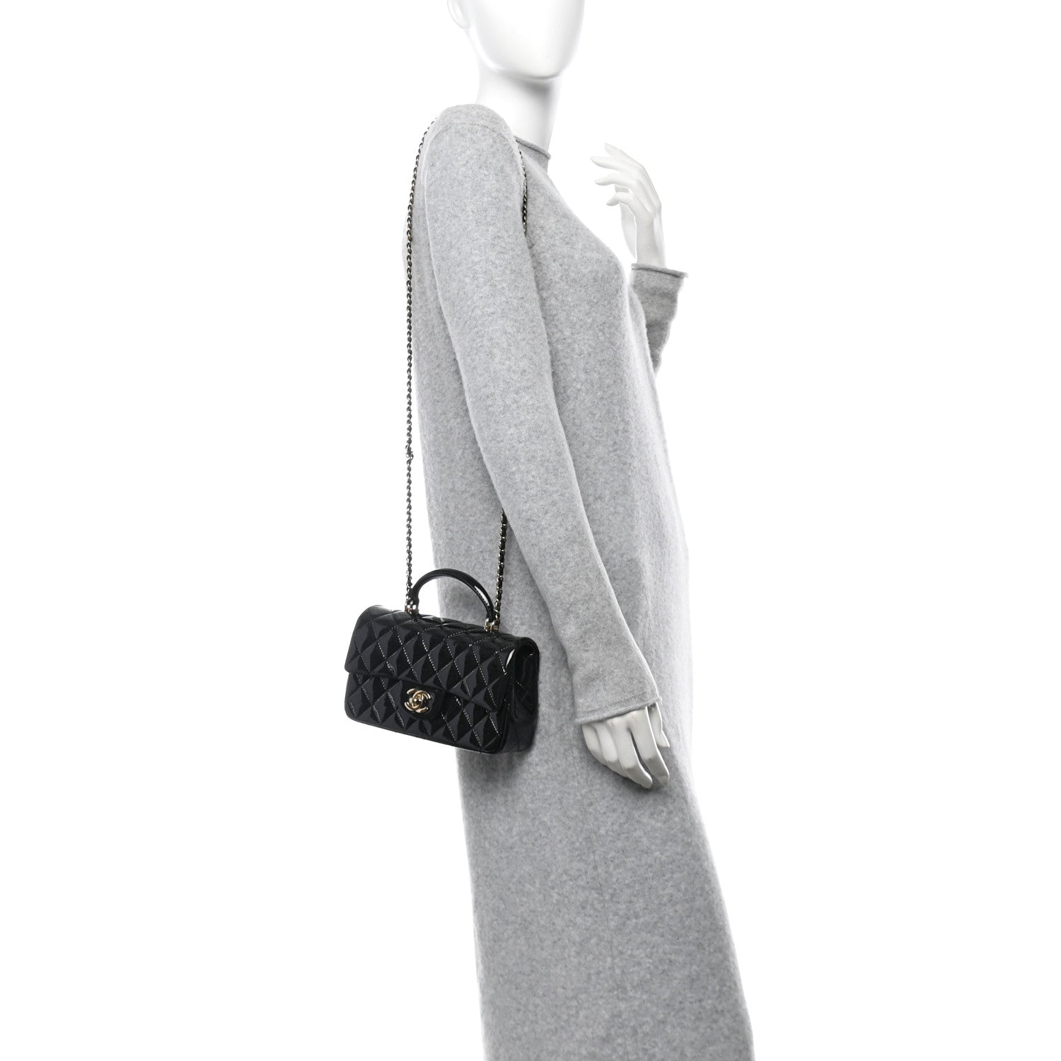 Patent Quilted Mini Top Handle Rectangular Flap Black