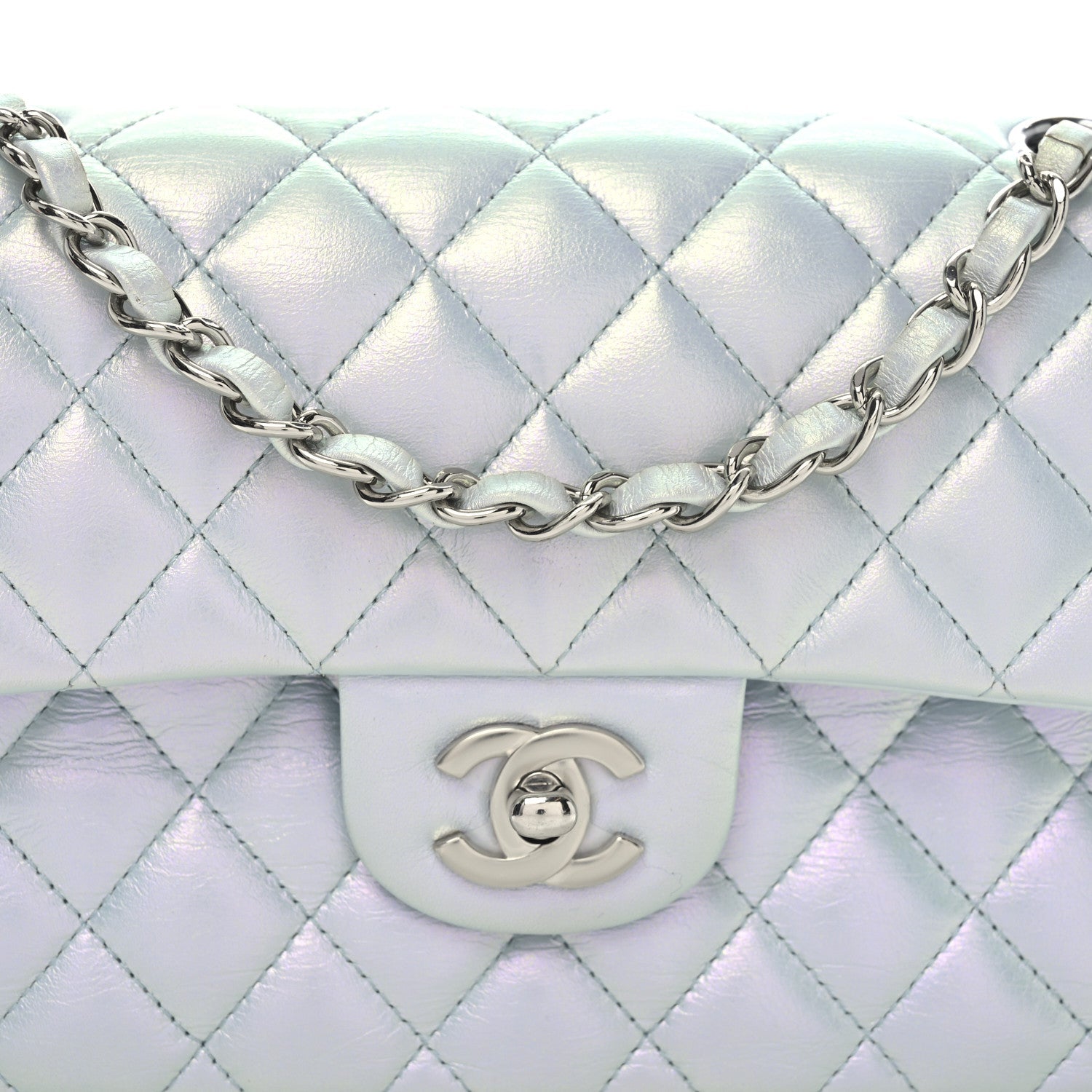 Iridescent Calfskin Quilted Small Double Flap Green