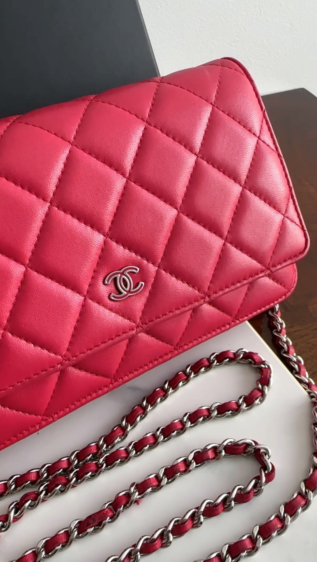 Chanel Timeless Classic Red Quilted Wallet on Chain with Enamel CC