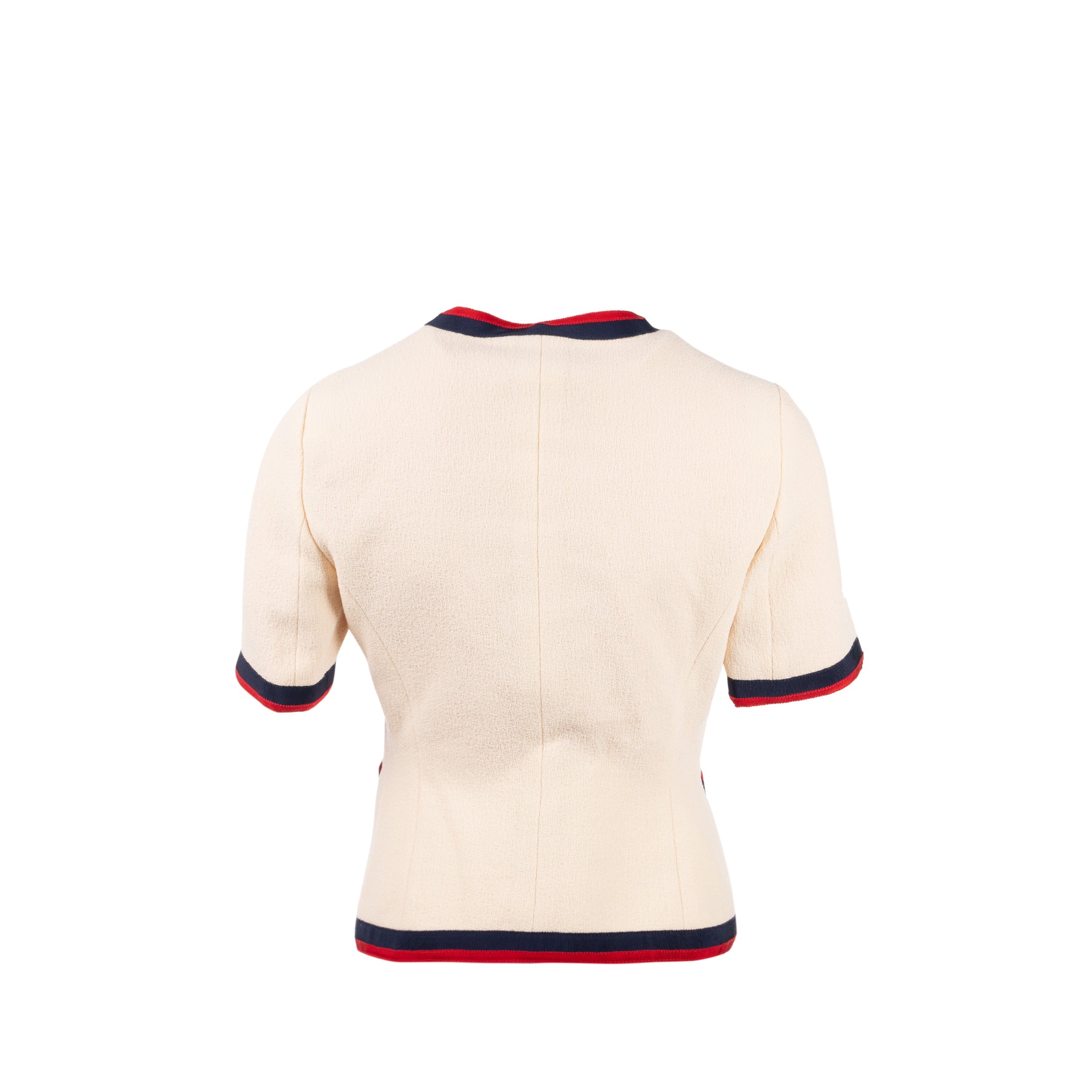 Gucci size 36 ribbon button mini jacket multicolour beige / navy/ red