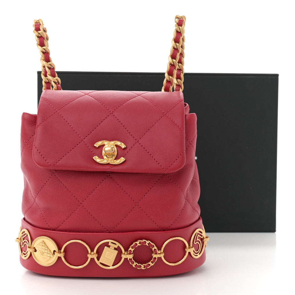 Calfskin Quilted Small Charms Backpack Red
