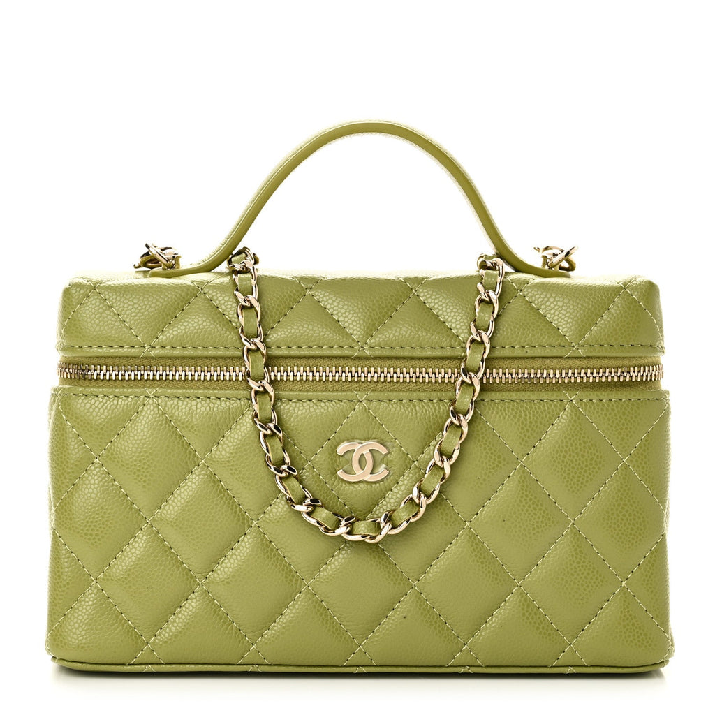 Caviar Quilted Top Handle Slim Vanity With Chain Khaki