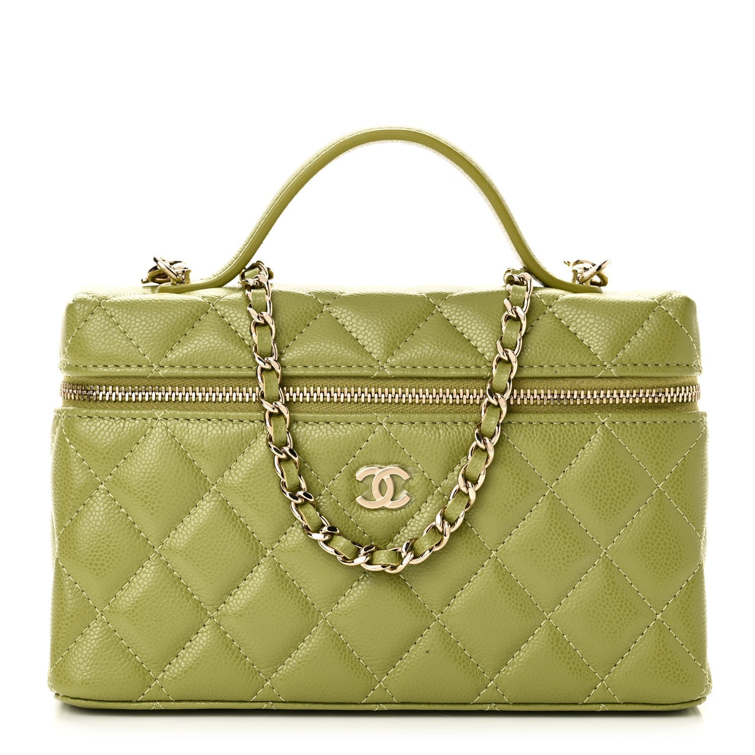 Caviar Quilted Top Handle Slim Vanity With Chain Khaki