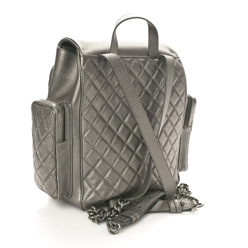 Metallic Grained Calfskin Quilted Large Casual Rock Backpack Charcoal