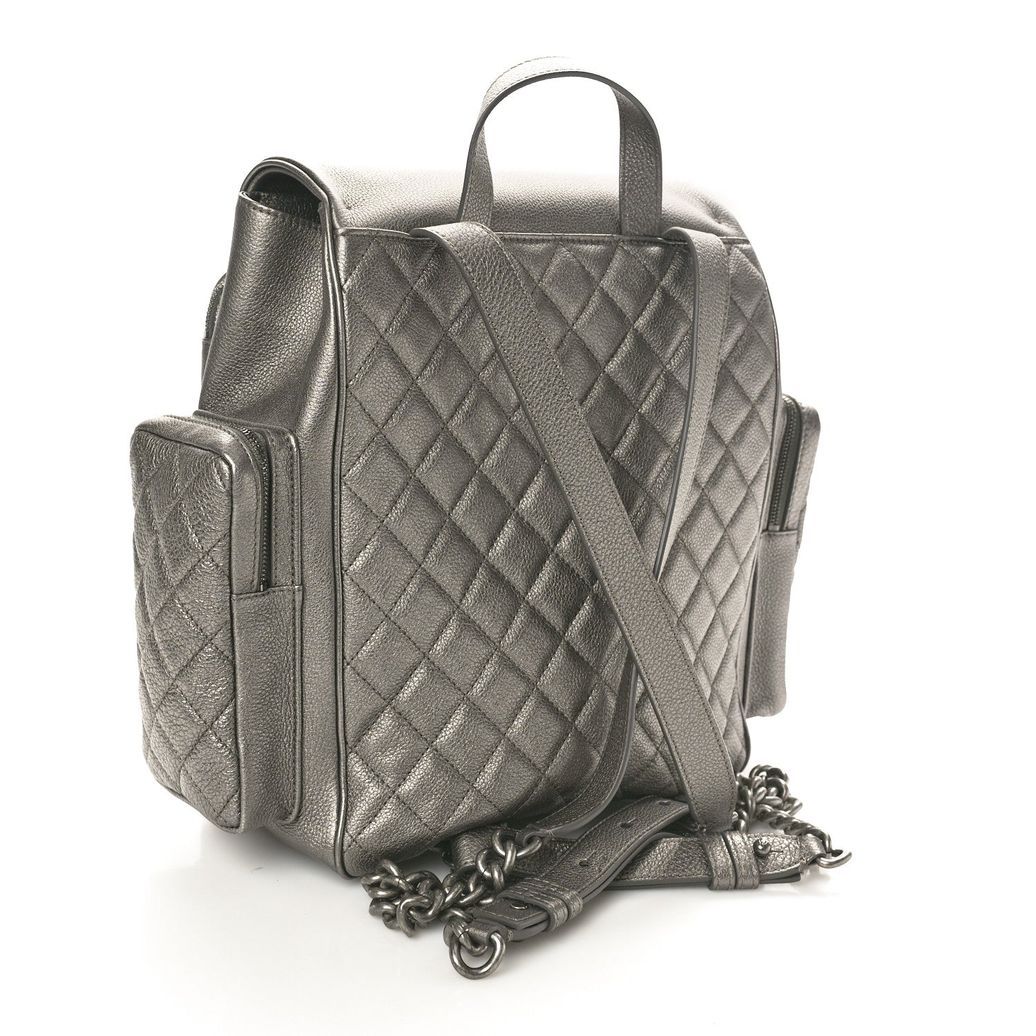Metallic Grained Calfskin Quilted Large Casual Rock Backpack Charcoal