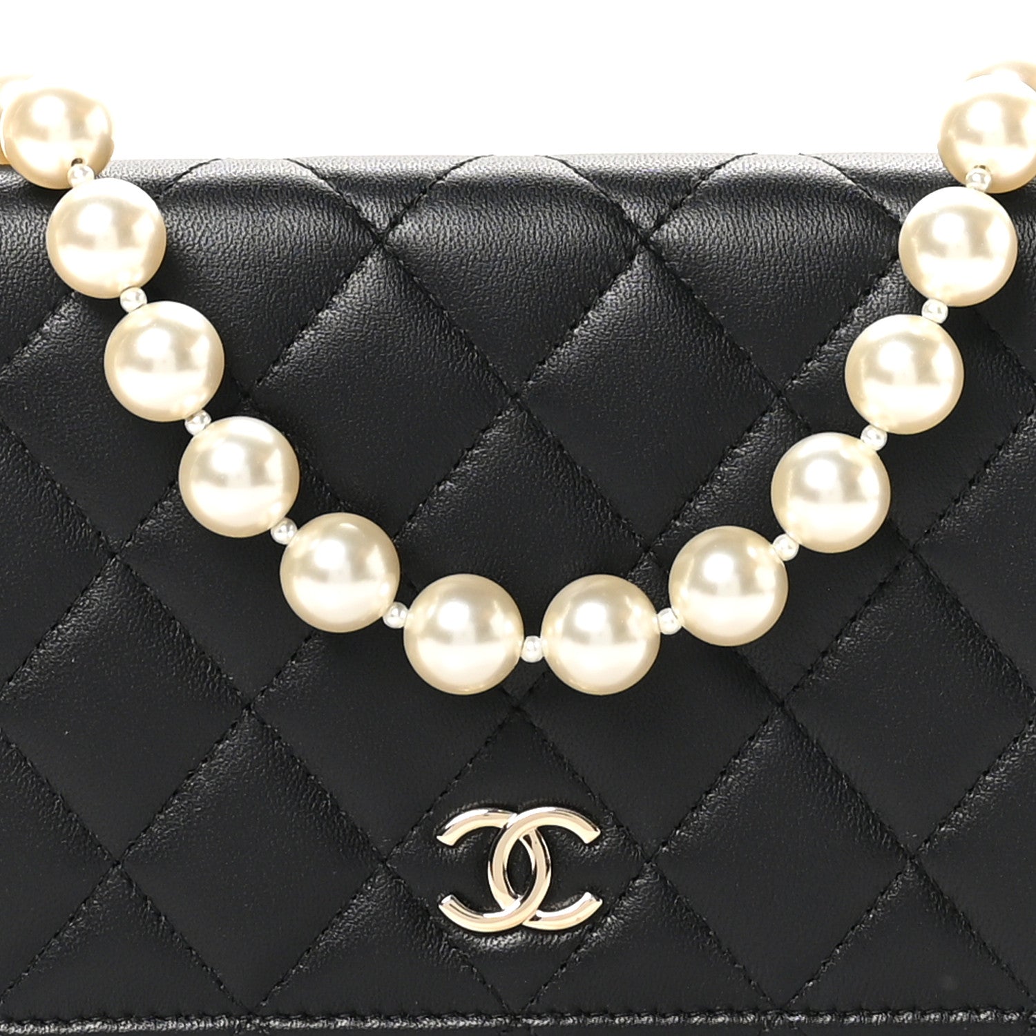 Lambskin Quilted Pearl Wallet On Chain WOC Black