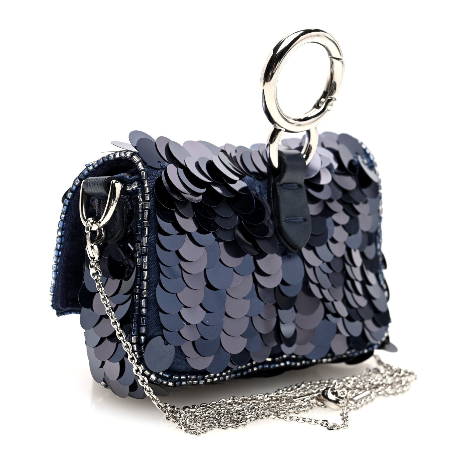 Sequin Paillettes Shiny Nappa Sex and the City Nano Maxi Buckle Baguette Charm Dark Blue