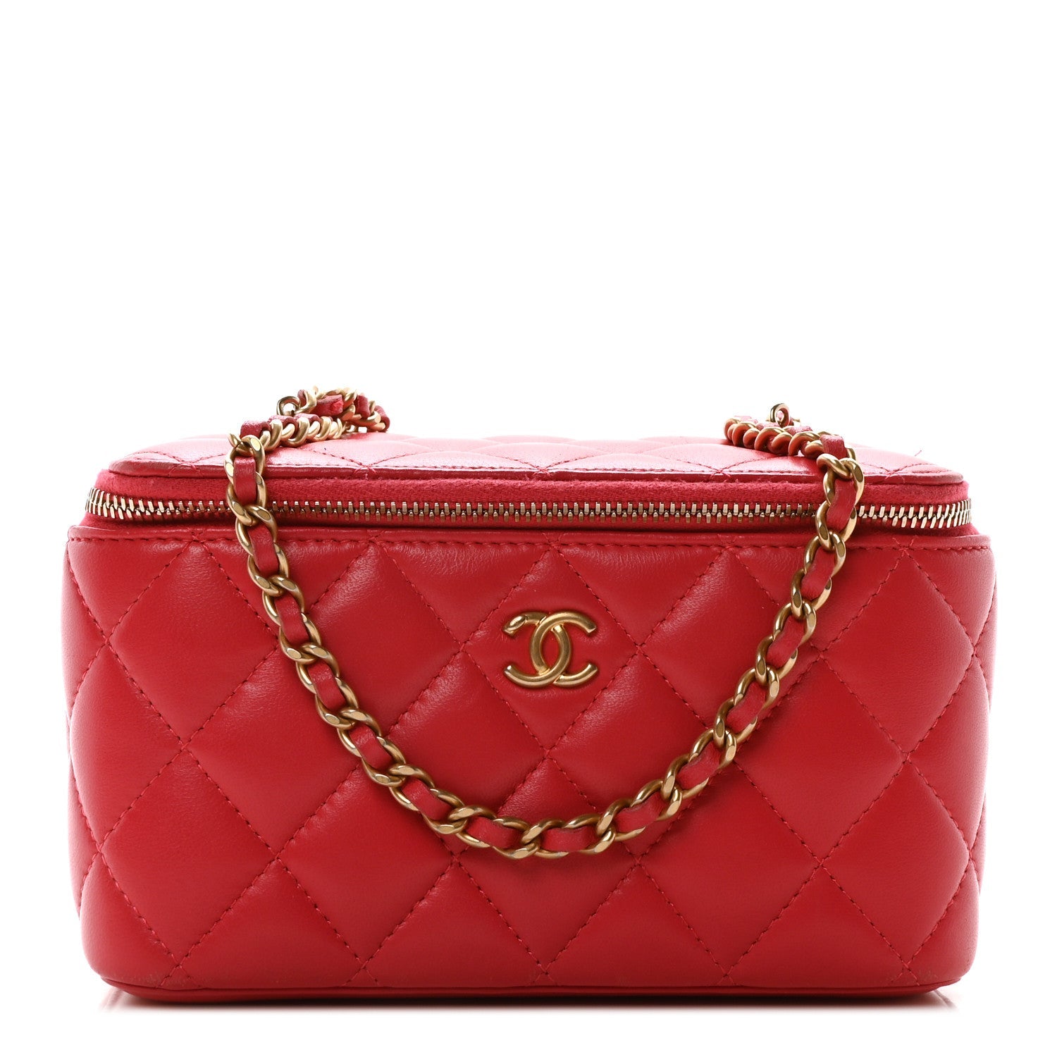 Lambskin Quilted Small Pearl Crush Vanity Case With Chain Red