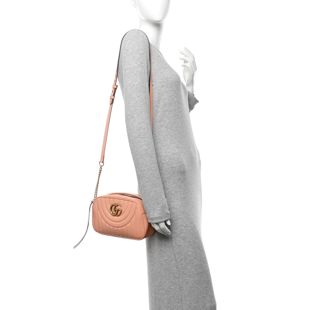 Calfskin Vertical Ring Matelasse Small GG Marmont Chain Shoulder Bag Peachy Chic