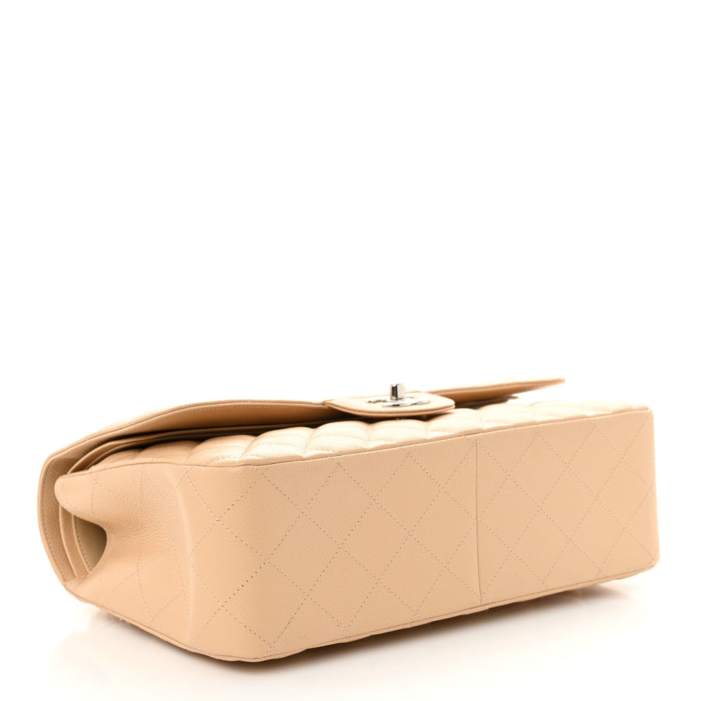 Caviar Quilted Jumbo Double Flap Beige