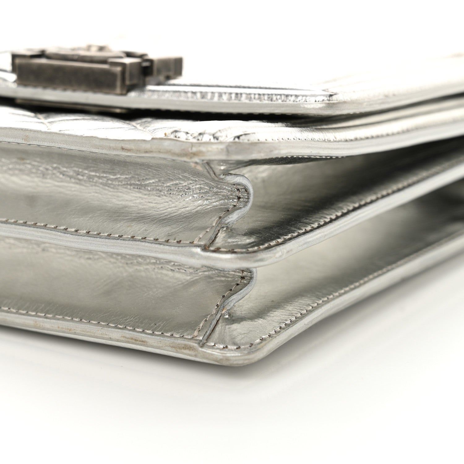 Metallic Goatskin Quilted North South Boy Flap Silver
