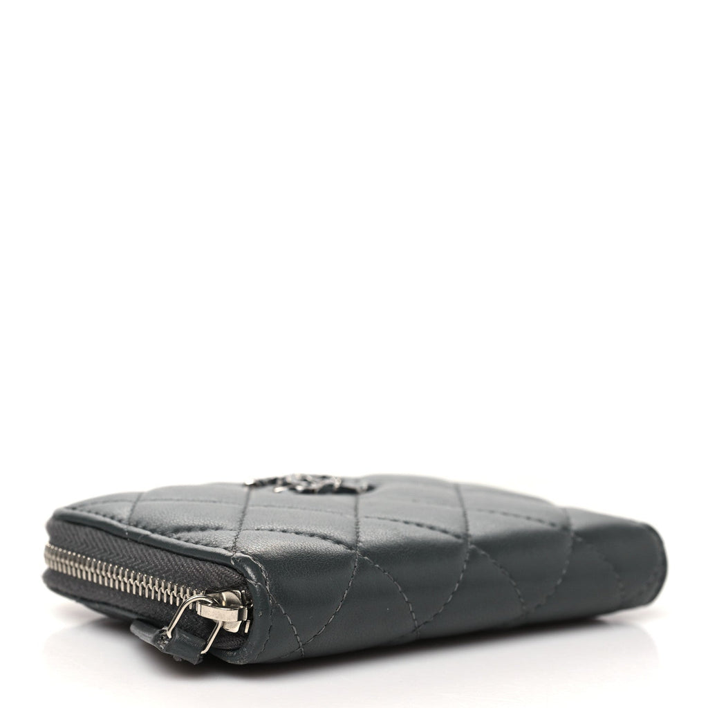 Lambskin Enamel Quilted Zip Around Coin Purse Wallet Grey