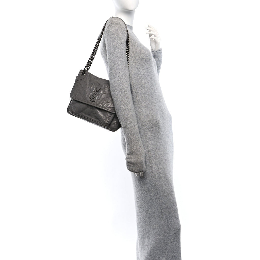 Crinkled Calfskin Matelasse Monogram Medium Niki Chain Satchel Fog