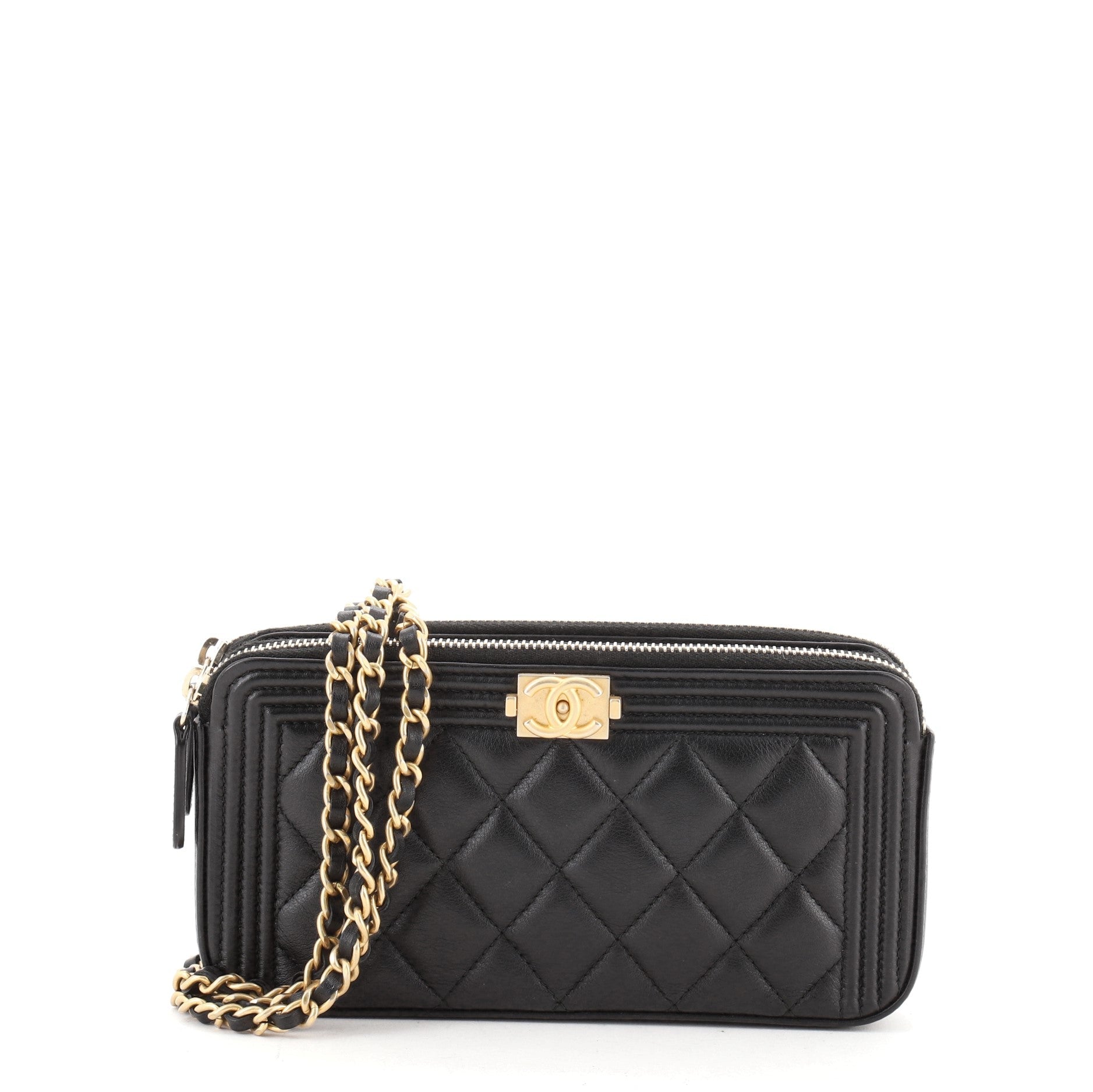 Boy Double Zip Clutch with Chain Quilted Lambskin