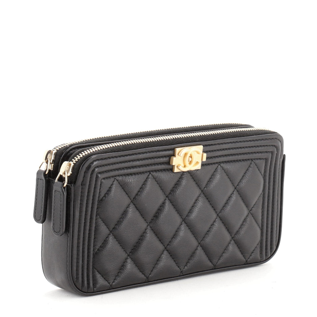 Boy Double Zip Clutch with Chain Quilted Lambskin