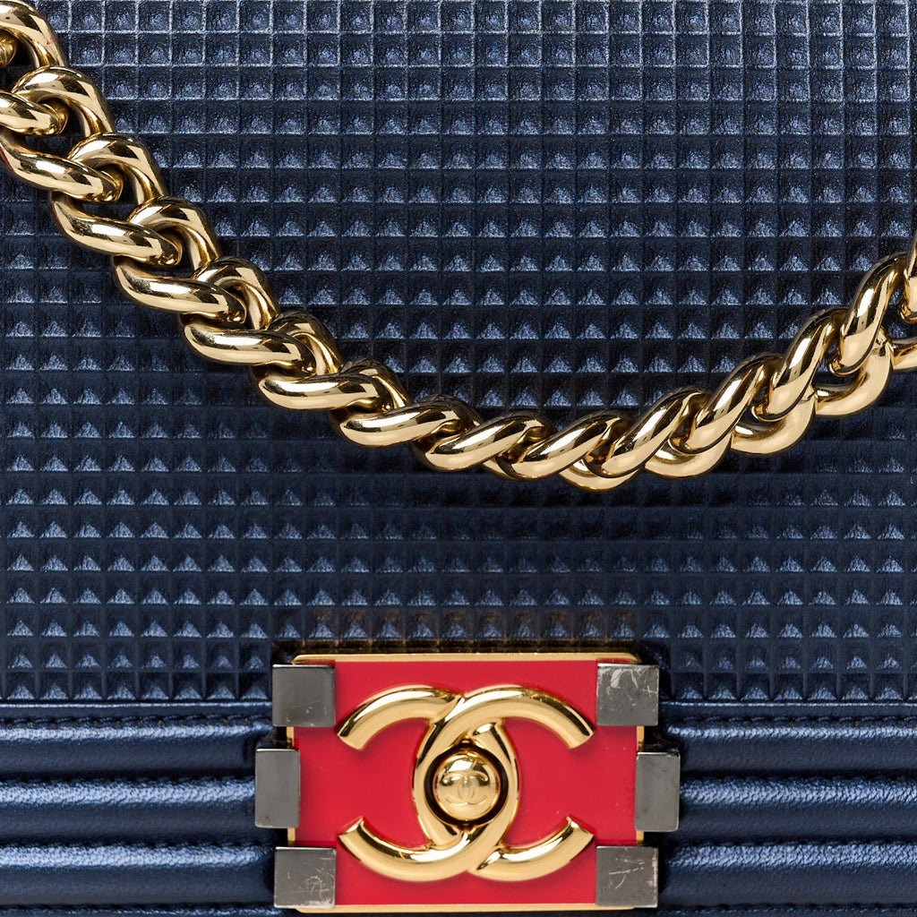 Lambskin Embossed Medium Boy Cube Flap Navy