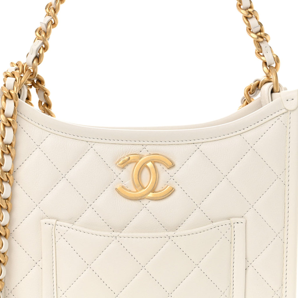 Calfskin Quilted CC Hobo Handbag White