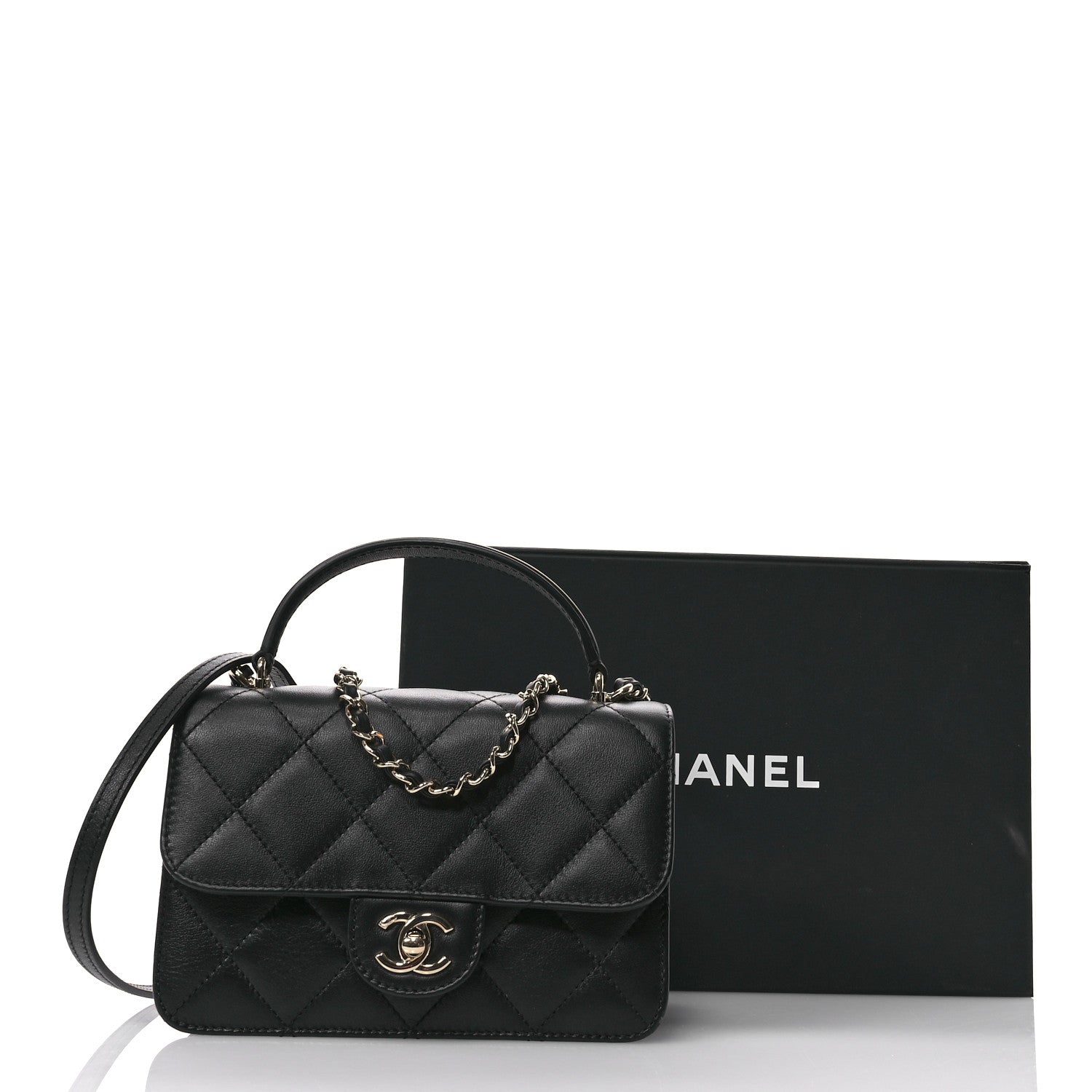 Calfskin Quilted Small Top Handle Flap Black