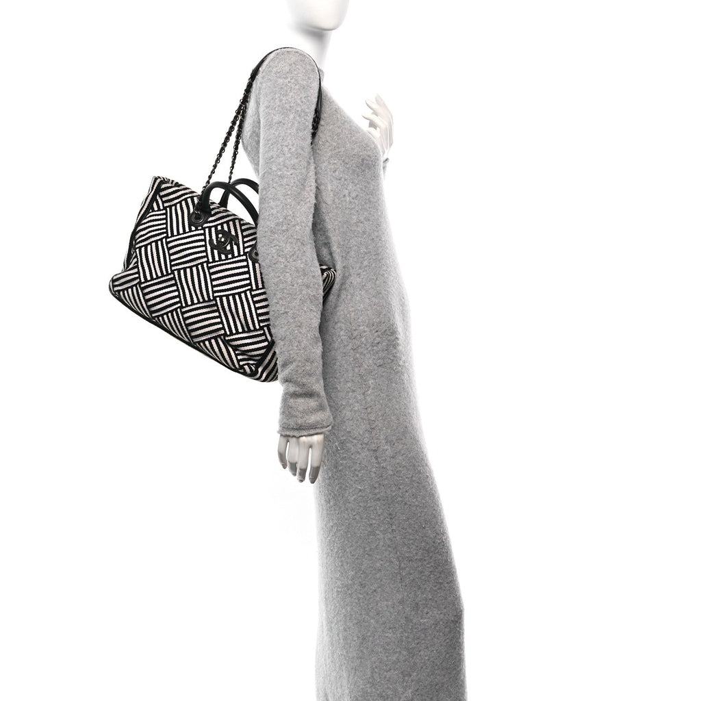 Woven Canvas Large Easy Shopping Tote Black White