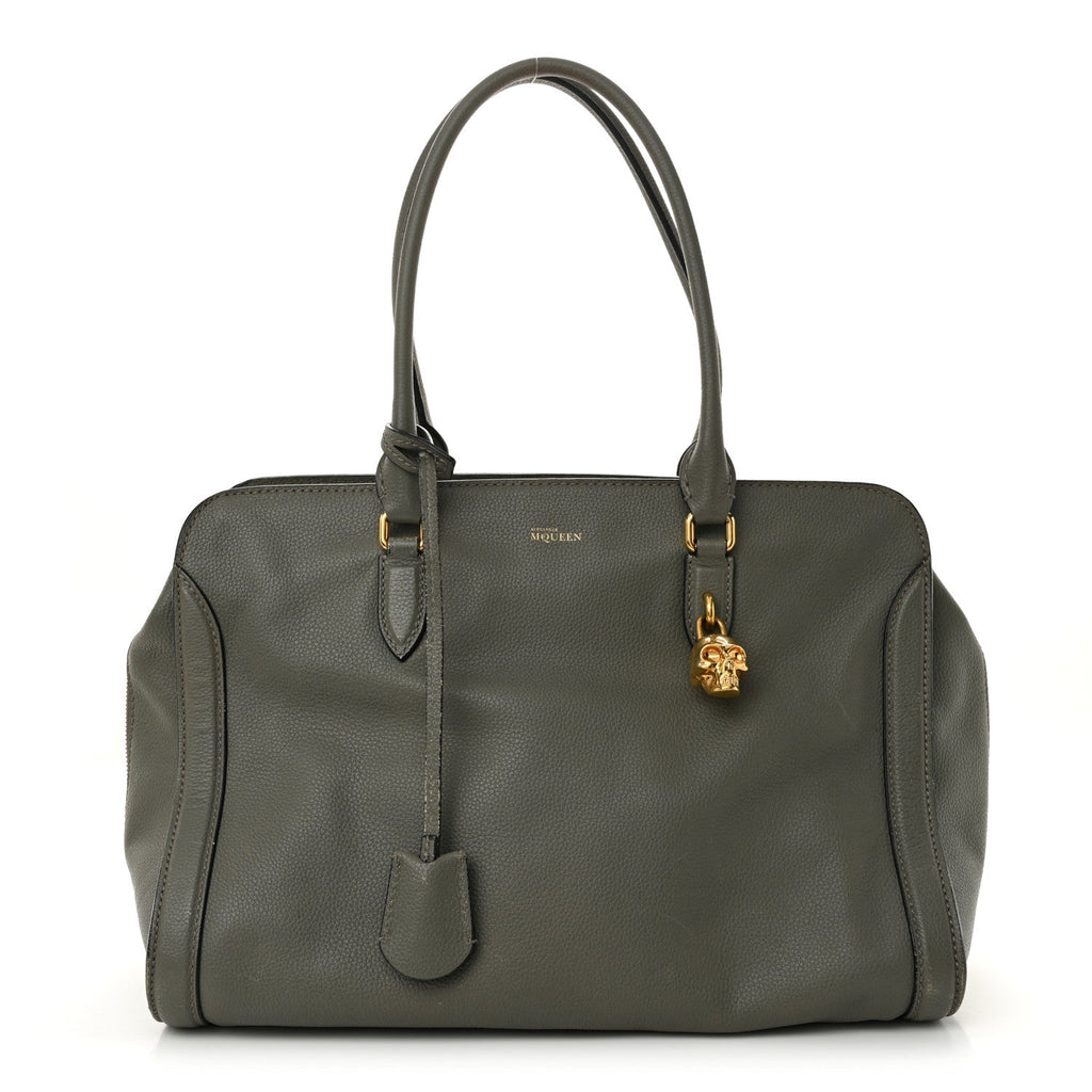 Pebbled Calfskin Large Skull Padlock Zip Around Tote Dark Grey