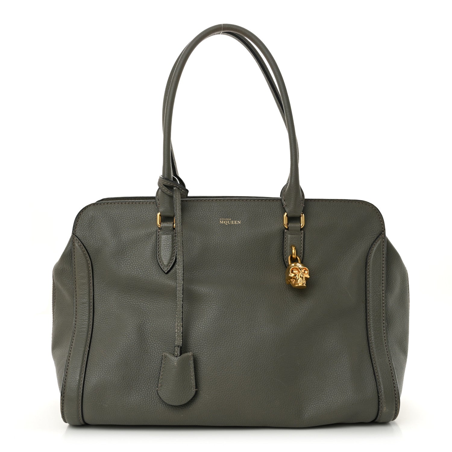 Pebbled Calfskin Large Skull Padlock Zip Around Tote Dark Grey