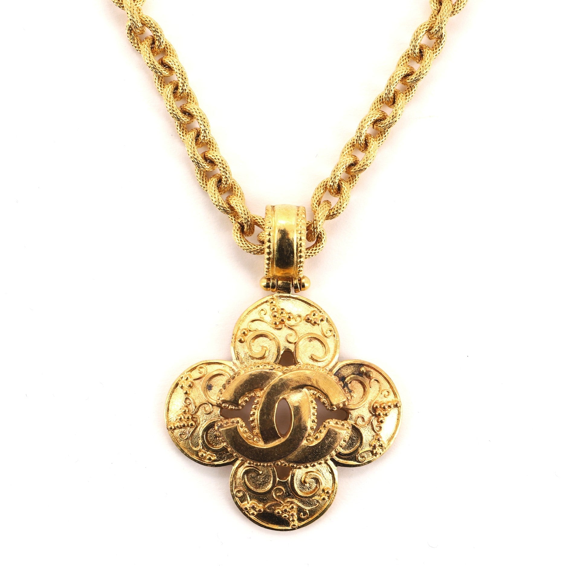 Patterned CC Cross Pendant Necklace Metal