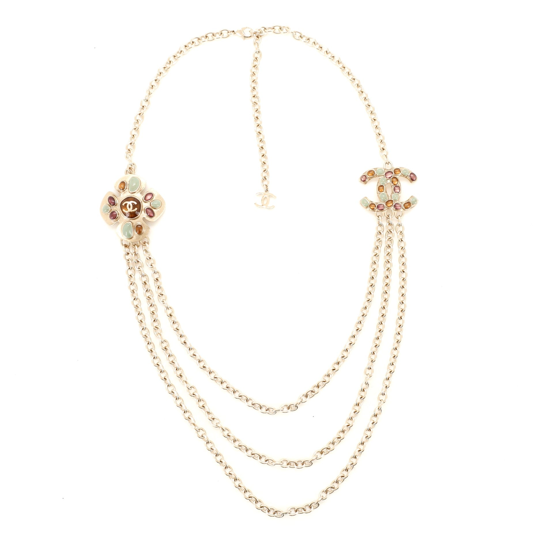 CC Multi-Chain Long Necklace Metal and Stone