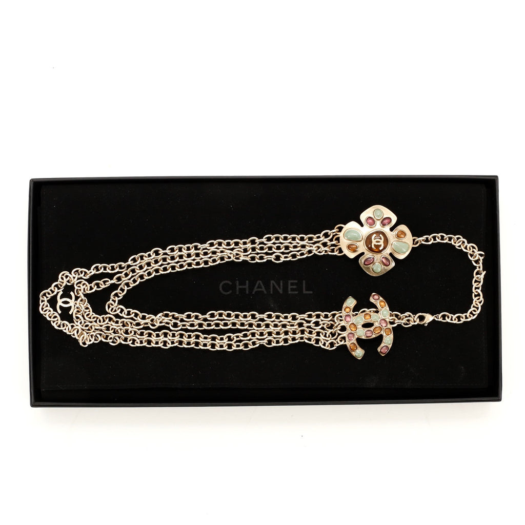 CC Multi-Chain Long Necklace Metal and Stone