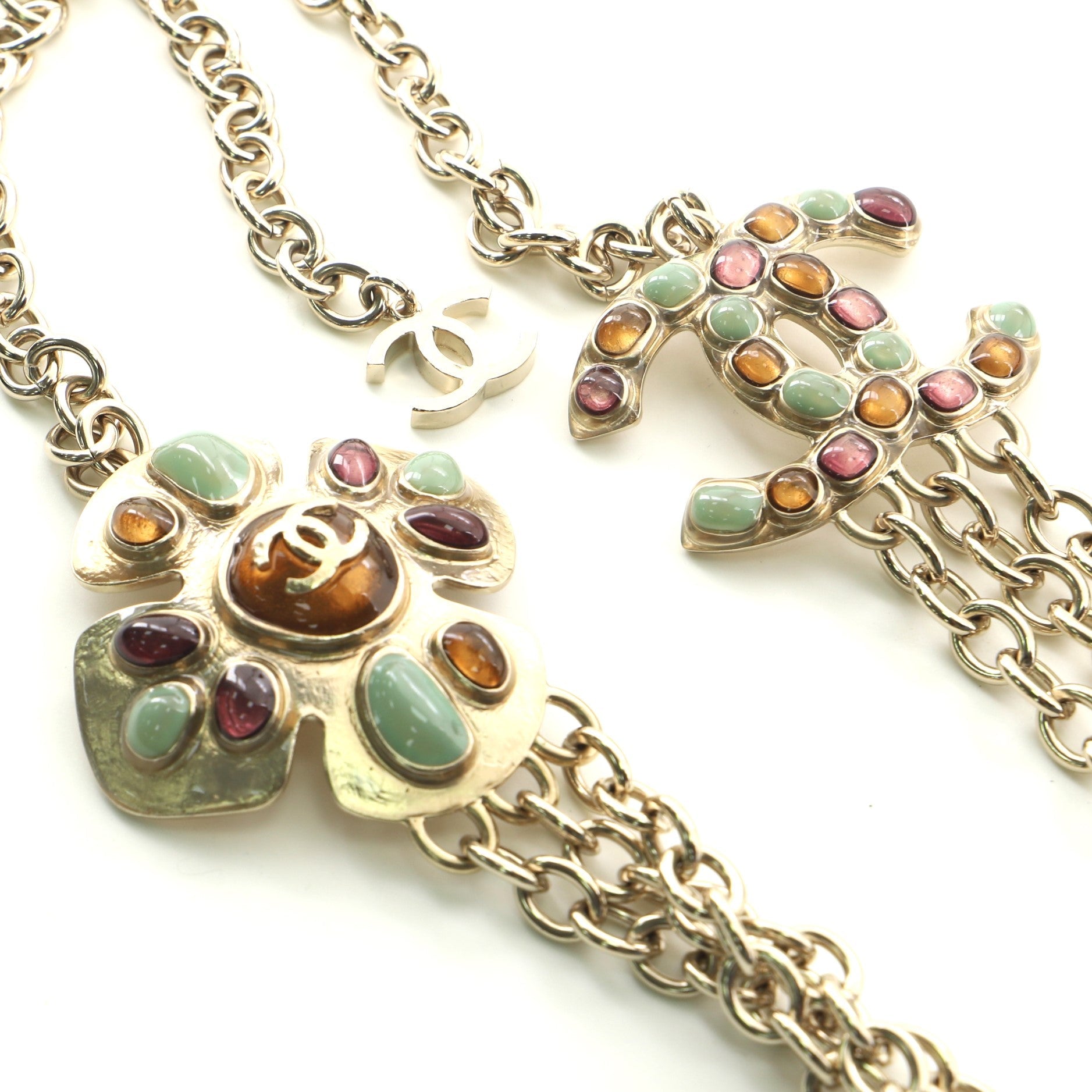 CC Multi-Chain Long Necklace Metal and Stone