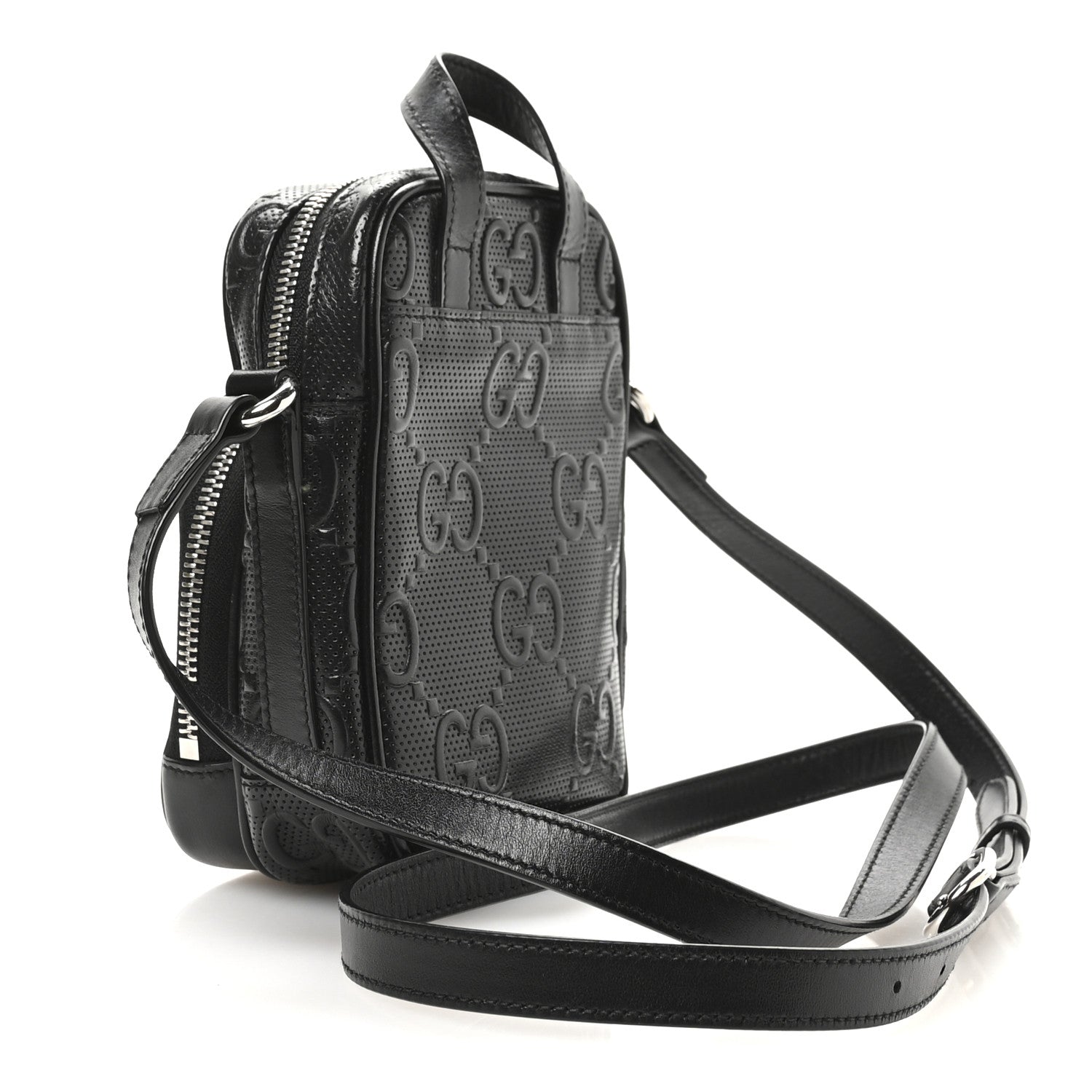 Calfskin GG Tennis Embossed Mini Double Zip Messenger Bag Black