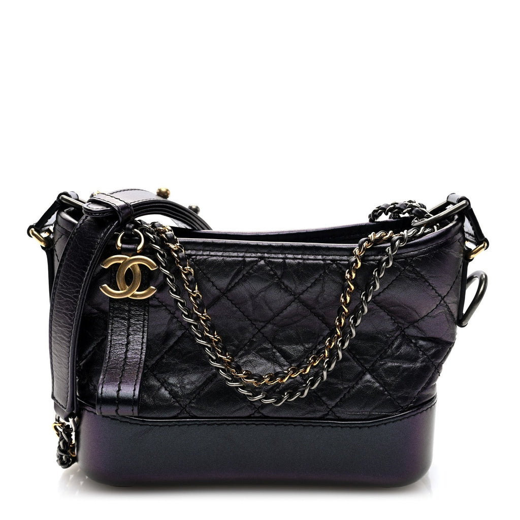 Iridescent Aged Calfskin Quilted Small Gabrielle Hobo Black