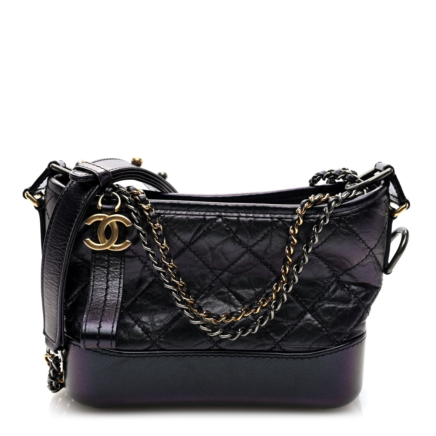 Iridescent Aged Calfskin Quilted Small Gabrielle Hobo Black