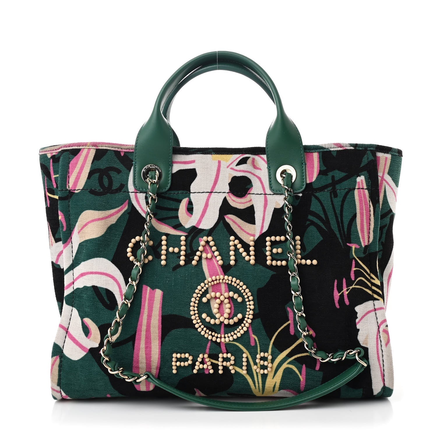 Velvet Calfskin Beaded Small Deauville Tote Pink Green Black