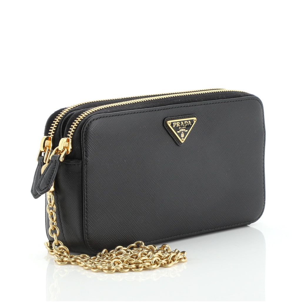 Double Zip Wallet on Chain Crossbody Saffiano Leather Mini