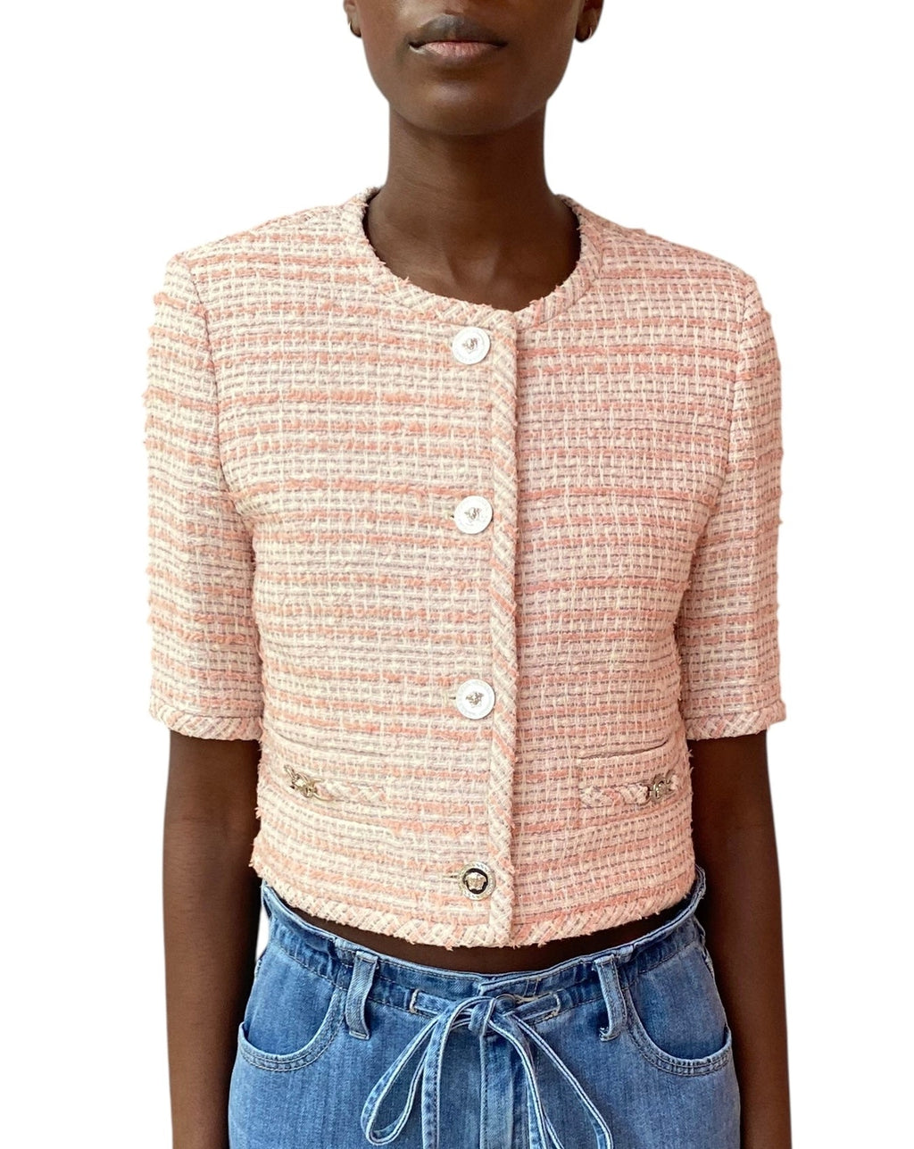Versace Pink Cropped Tweed Jacket - 40