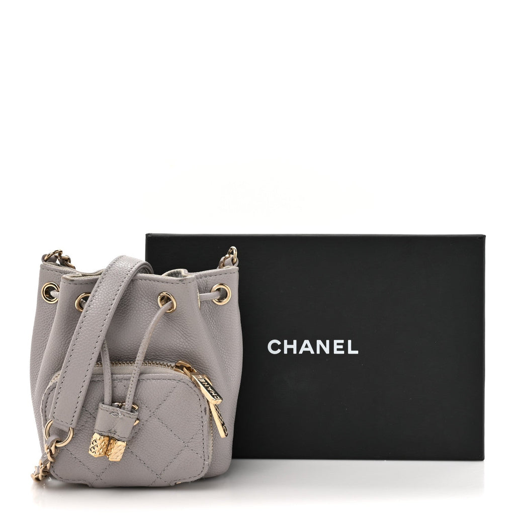 Caviar Quilted Mini CC Pocket Bucket Bag Grey
